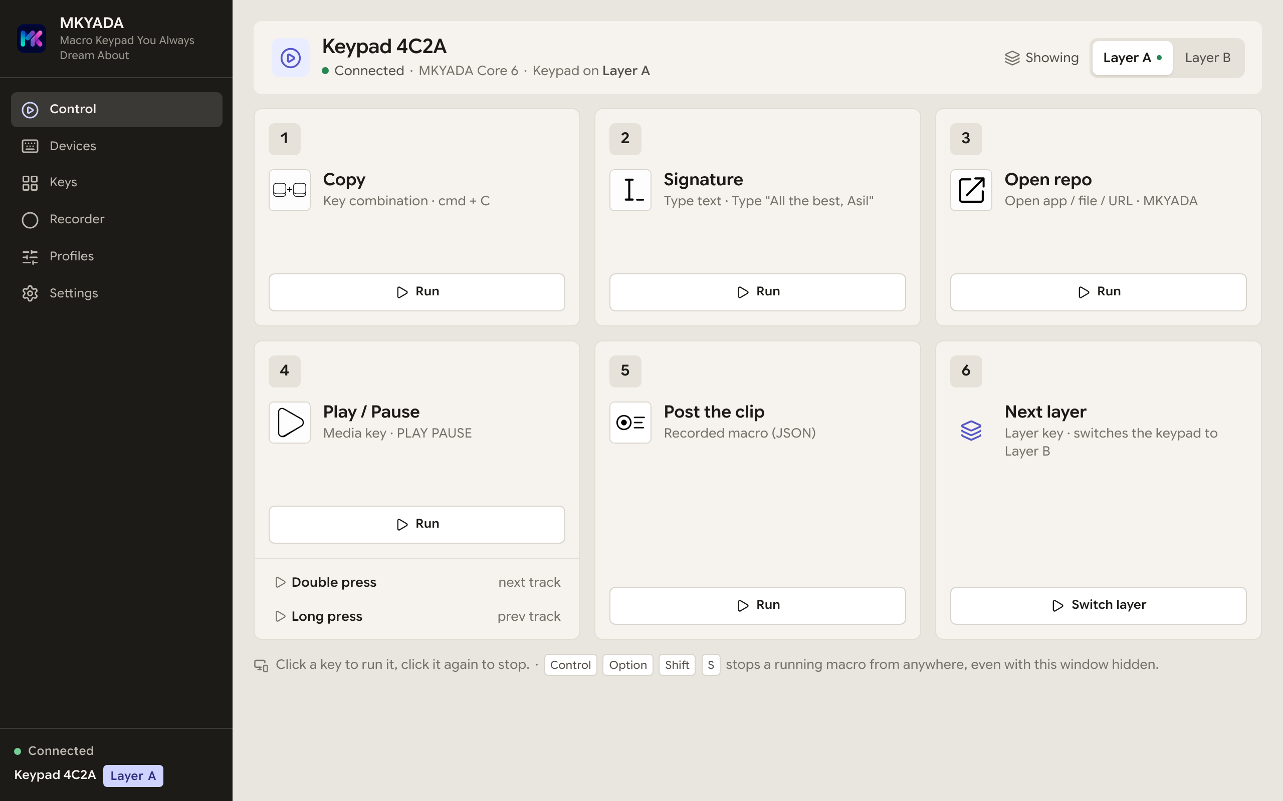 Control screen, every key as a tile with Run