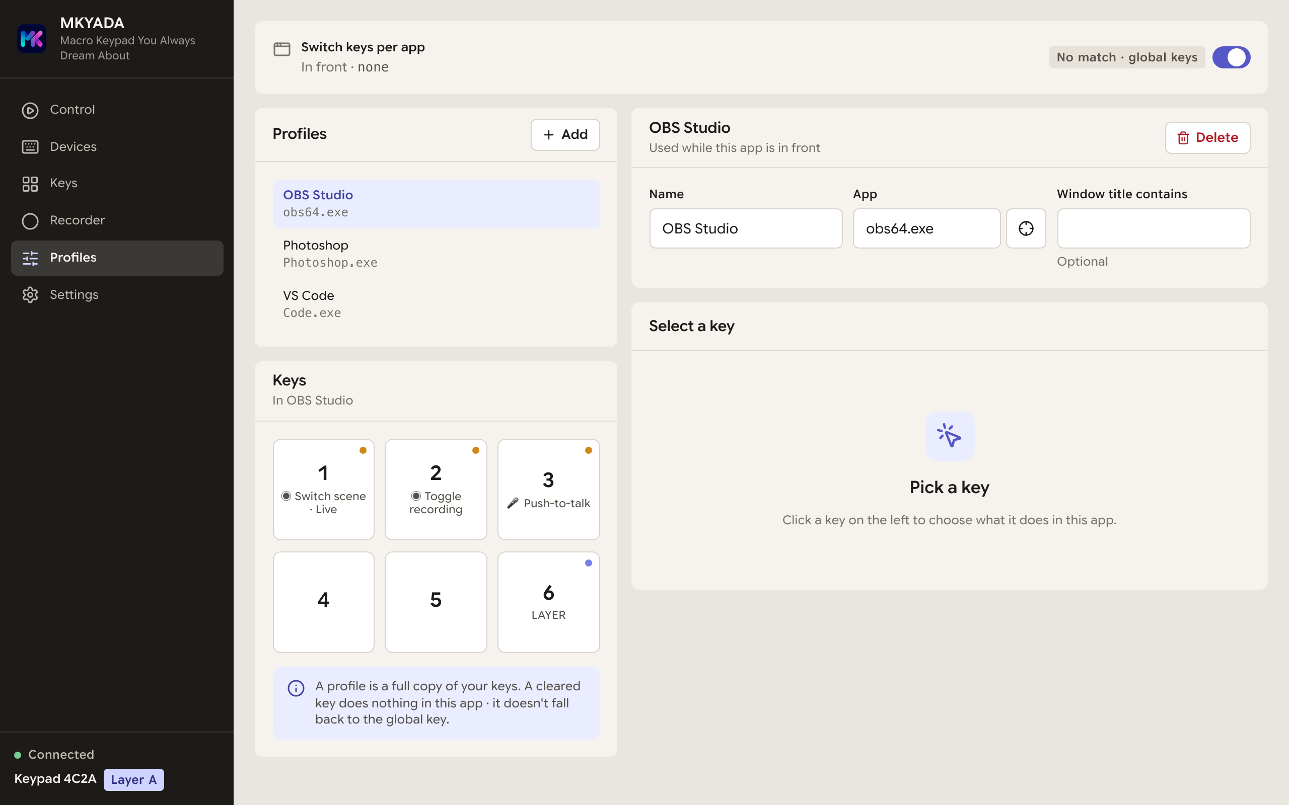Profiles screen