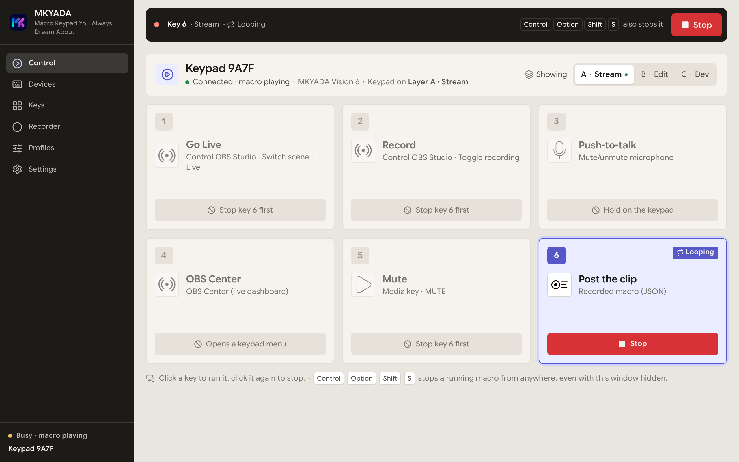 Control page while key 6 loops, with the playback bar and its Stop button on top