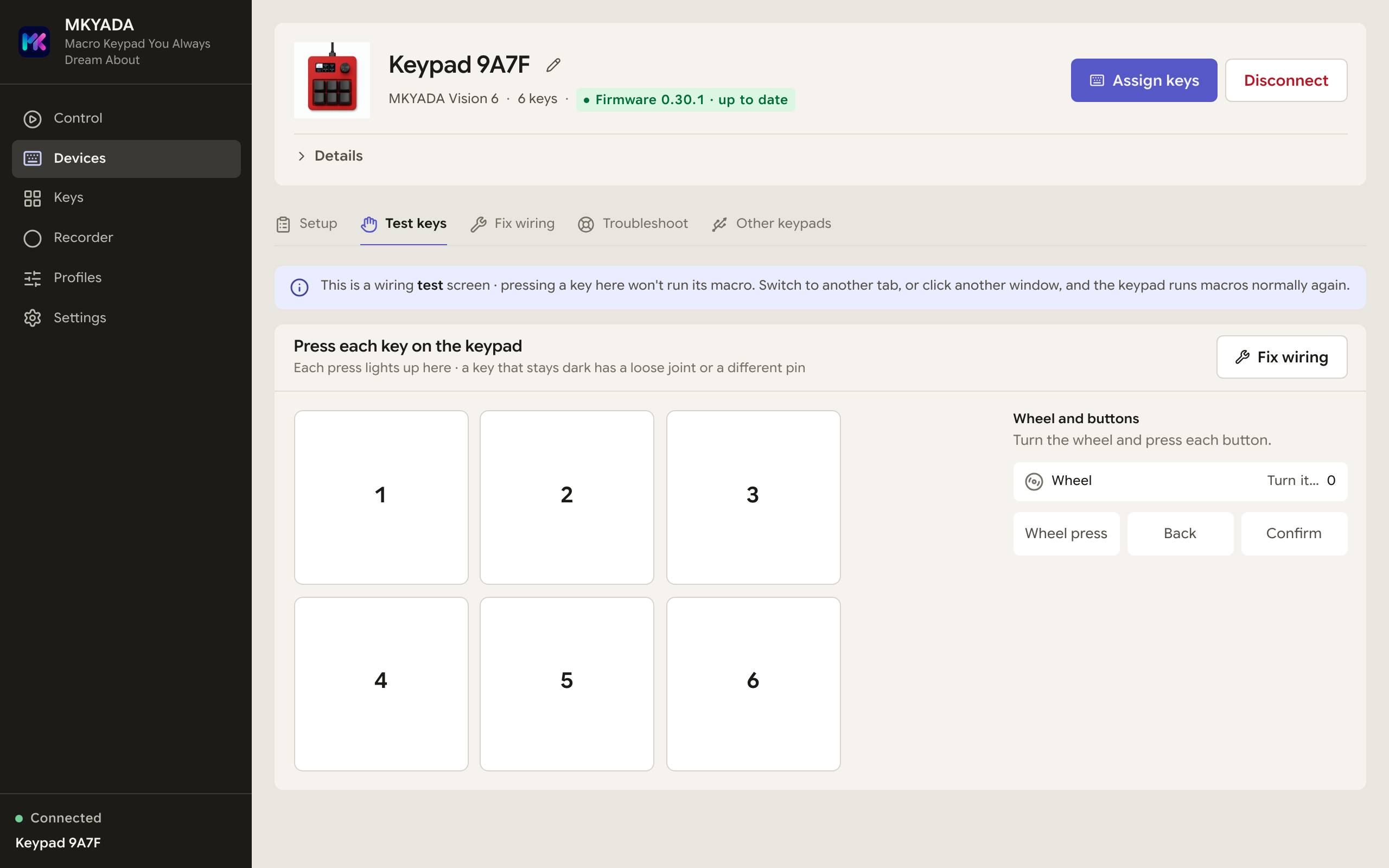 Devices screen, Test keys tab