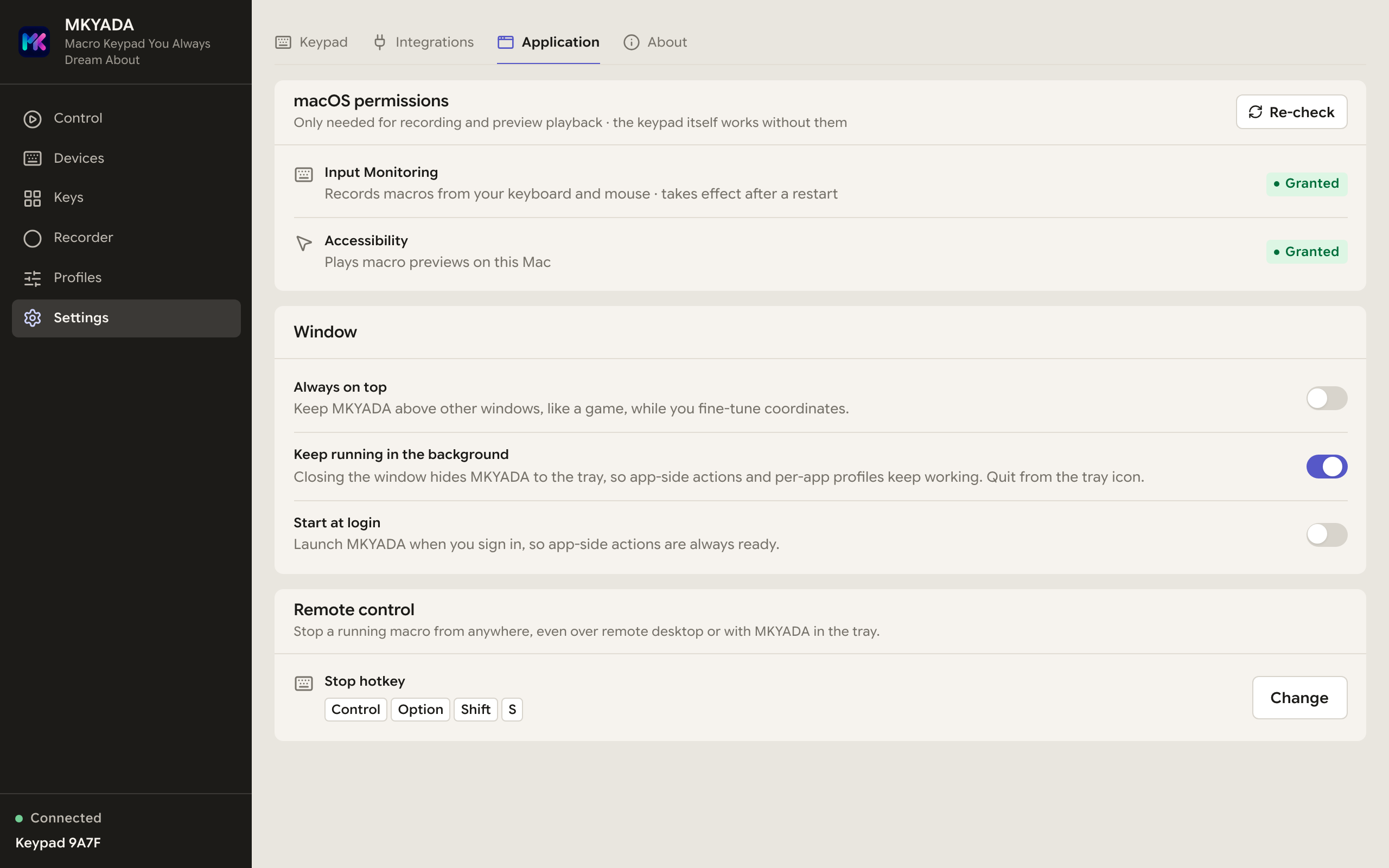 Settings, Application tab