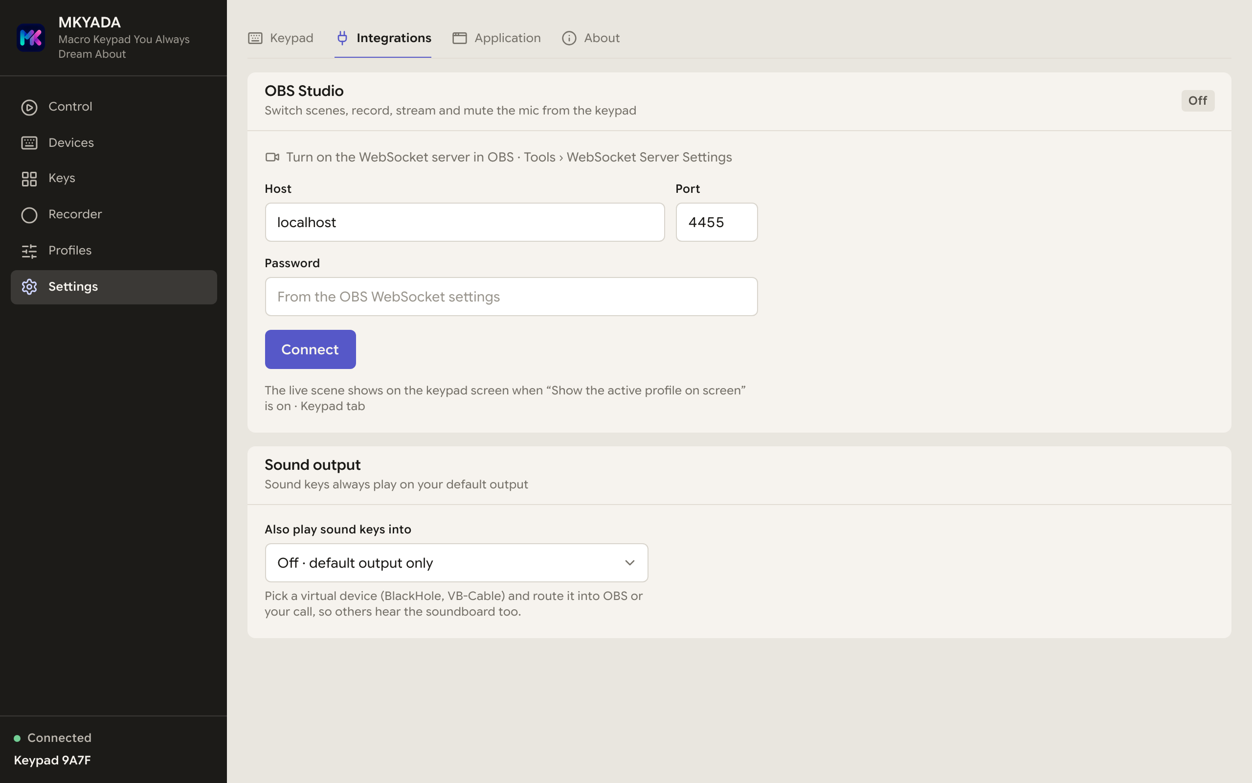 Settings, Integrations tab