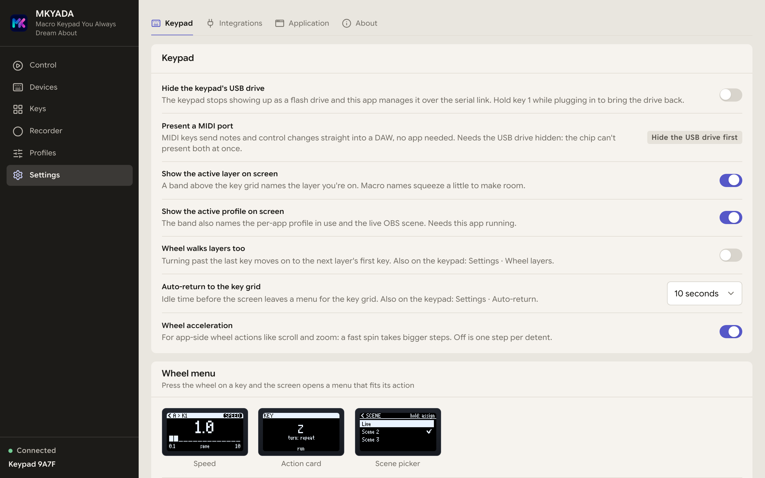 Settings, Keypad tab